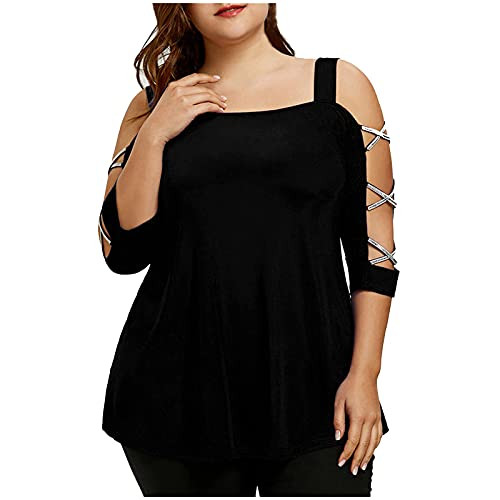 Summer Tunic Blouse Tops for Women-Casual Plus Size Strappy Cold Shoulder T-Shirt Basic Loose Comfy Tops Black Summer Tunic Blouse Tops for Women-Casual Plus Size Strappy Cold Shoulder T-Shirt Basic Loose Comfy Tops Black