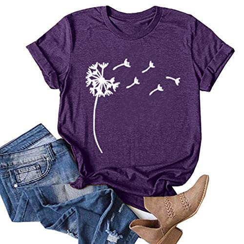AOKASII Summer Tops for Women- Womens Loose T-Shirts Printing Casual O-Neck Blouse Tops Plus Size Funny Shirts Purple