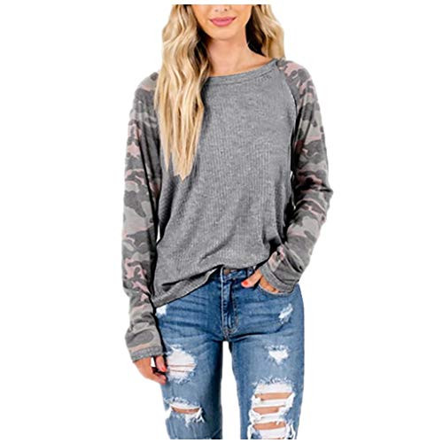 Pumsun Womens Camouflage Print Long Sleeves T-Shirt Loose Casual O-Neck Blouse Tops -S- Gray-