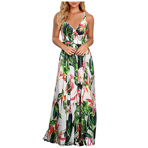 Summer Dresses for Women- Women's Asymmetrical Maxi Dress Casual V Neck Summer Floral Sleeveless Boho Dresses Long White