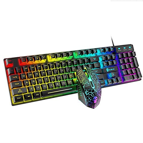 Gaming Keyboard and Mouse Set- Wired Computer Rainbow Combo LED Backlit Mechanical Feel Keyboard Gaming Mouse for Work- Gaming- Office -Black-