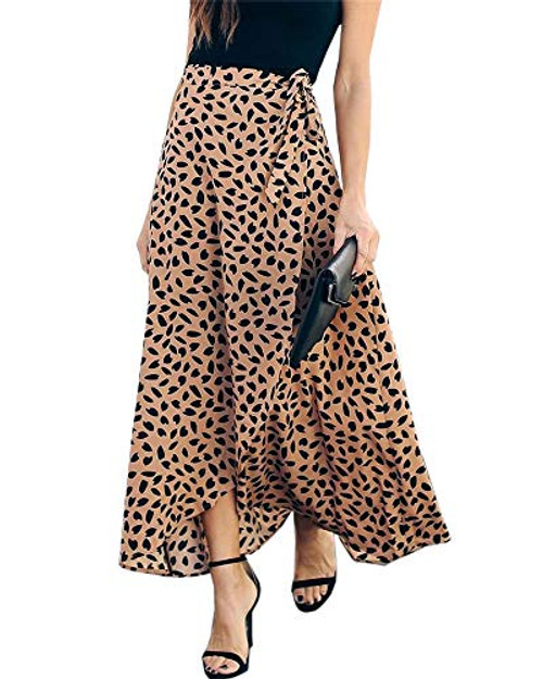 Womens Maxi Skirt Leopard Print Chiffon Beach Pleated High Waisted A-Line Long Skirts -Large- ZZ-Coffe-