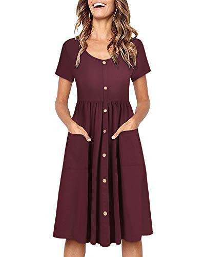 OUGES Women's Long Sleeve V Neck Button Down Midi Skater Dress with Pockets-Red395-L-