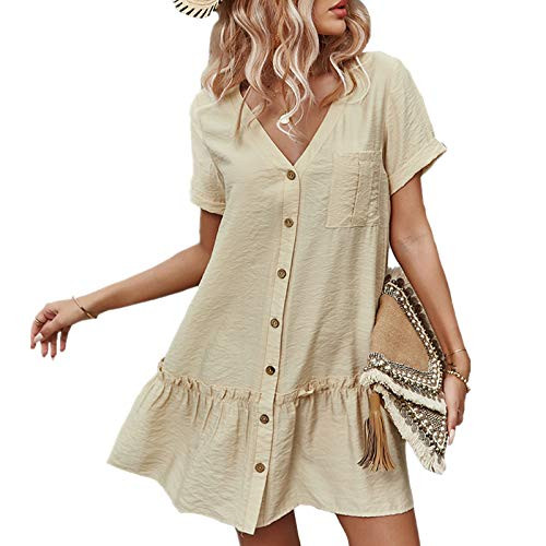 Women's Loose Casual Cotton Linen Dresses Summer V Neck Solid Midi Ruffle Dress White