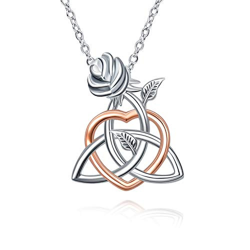 YFN Sterling Silver Celtic Triangle Trinity Knot Necklace Heart Rose Pendant Good Luck Irish Jewelry for Women Gifts -Red Gold-