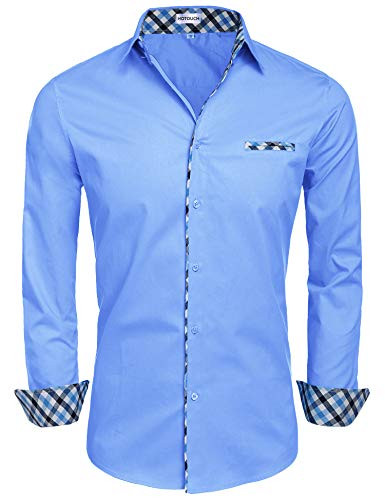Hotouch Fashion Shirt Men Long Sleeve Casual Dress Shirts Stylish Button Up Shirt -Sky Blue S-