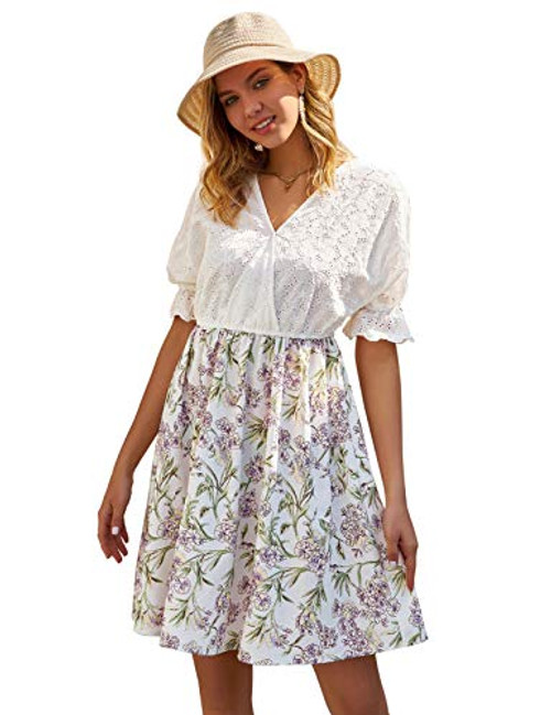 GRACE KARIN Women's Ruffled Short Sleeve V Neck Floral Dress Summer Casual Patchwork Flowy Mini Dress White