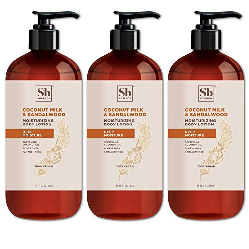 Soapbox Coconut Milk and Sandalwood Moisturizing Body Lotion with Aloe Vera and Shea Butter | Paraben Free- Cruelty Free- Vegan- Made in the USA -16oz- 3 Pack- Soapbox Coconut Milk and Sandalwood Moisturizing Body Lotion with Aloe Vera and Shea Butter | Paraben Free- Cruelty Free- Vegan- Made in the USA -16oz- 3 Pack-