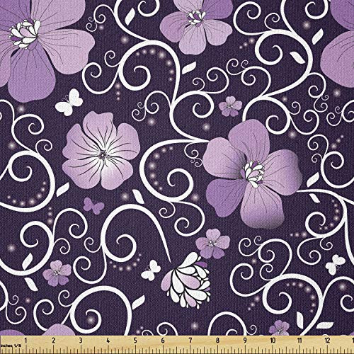 Ambesonne Floral Fabric by The Yard- Butterfly Silhouettes with Plant Flower Patterned Design Swirls Curves- Stretch Knit Fabric for Clothing Sewing and Arts Crafts- 2 Yards- Purple White