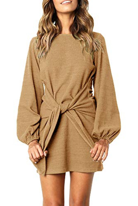 R.Vivimos Women's Autumn Winter Cotton Long Sleeves Elegant Knitted Bodycon Tie Waist Sweater Pencil Dress -Large- Khaki-