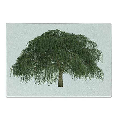 Ambesonne Willow Tree Cutting Board- Weeping Branches with Joyous Leaves Botanical Theme- Decorative Tempered Glass Cutting and Serving Board- Large Size- Green Olive
