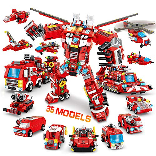 VATOS City Fire Robot Building Toys - 836 PCS 35 Models STEM Fire Truck Construction Set for Boys Girls Age 6 7 8 9 10 11 12 Years Old Vehicles Kits Building Blocks Best Gift for Kids