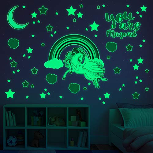 Glowing Snuggles Glow in The Dark Decals - Large Unicorn and Rainbow Wall Sticker Set for Kids with Stars Moon Roses -Unicorn Bedroom Decor for Girls - Unicorn Gifts for Girls