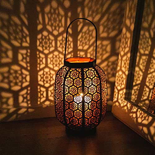 Large Moroccan Lantern Indoor Outdoor. Decorative Moroccan Candle Lantern. Outdoor Lanterns for Front Porch. Pillar Candle Holder. Black Orange Morrocan Lantern11x7x7