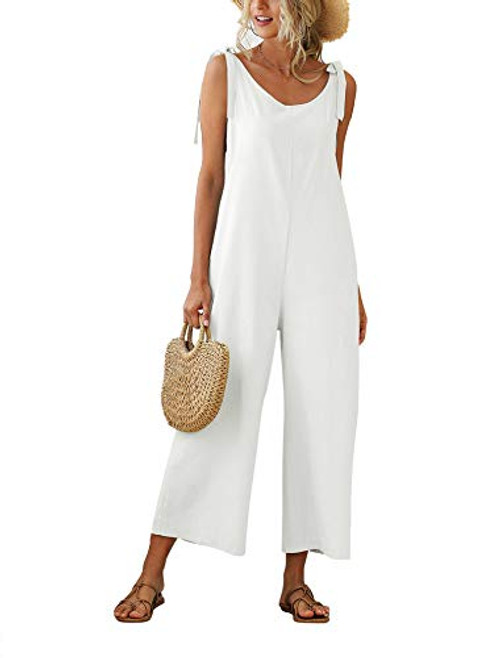 CHARMU Women's Jumpsuit Summer Sleeveless V Neck Casual Wide Leg Pant Romper Jumpsuit White M