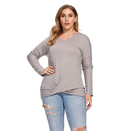 Women Pullover Basic Tunic Shirt Top Plus Size Long Sleeves Crewneck T-Shirt Casual Loose Fitting Knot Hem XL Grey