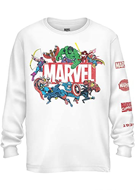 Marvel Mens Long Sleeve Shirt - Spiderman- Ironman- Captain America  and  Hulk Tee Comics Long Sleeve T-Shirt -White- Large-