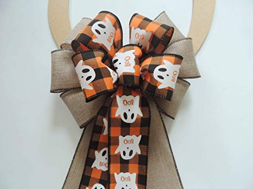 Halloween Farmhouse Wreath bows- Boo Ghost Orange Black Buffalo Check Wreath Decor- Farmhouse accent Wreath Bow- Sparkle Burlap Orange Black Boo Ghost check Door Bow- Halloween Farm lantern Bow