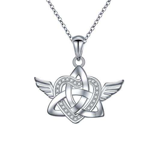 S925 Sterling Silver Celtic Knot Angel Wings Love Heart Pendant Necklace for Women Teen Girls Angel Lovers- with jewelry gift box