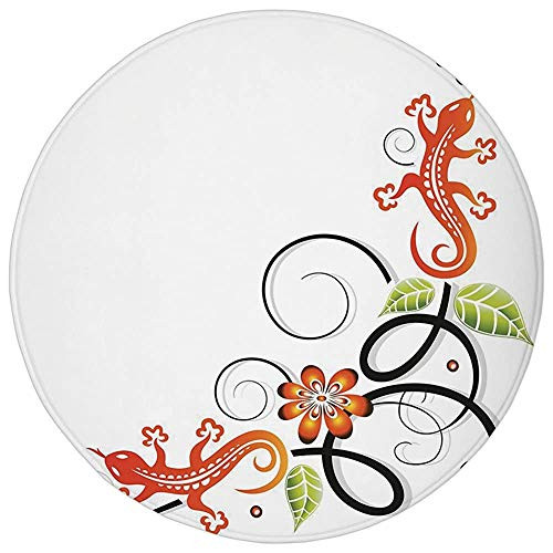 KKONEDS Round Rug Mat Carpet-Tribal Decor-Small Baby Lizard Flowers and Leaves with Oriental Lines Print-Orange Green Black White-Flannel Microfiber Non-Slip Soft Absorbent-for Kitchen Floor Bathroom