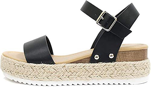 Womens JDTopic2 Casual Espadrilles Trim Rubber Sole Flatform Studded Wedge Buckle Ankle Strap Open Toe Sandals-9 M US