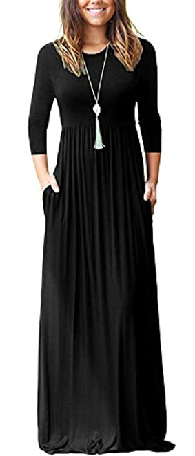 WNEEDU Women's 3/4 Sleeve Loose Solid Casual Long Black Maxi Dresses with Pockets -S- Black-