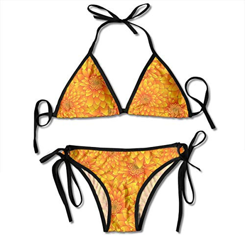 Yellow Chrysanthemum Women's Tie Side Bottom Triangle Bikini Swimsuits Set