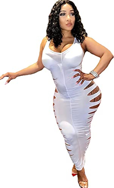 Hotheart Womens Sexy Sleeveless Solid Color Cut Out Bodycon Dress Nightclub Clubwear Maxi Dress White Hotheart Womens Sexy Sleeveless Solid Color Cut Out Bodycon Dress Nightclub Clubwear Maxi Dress White