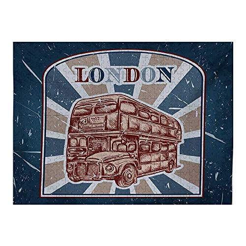 GugeABC Vintage Puzzle Saver 500 Piece- Label with English Bus on Grunge Background Retro Hand Drawn Sketchy Artwork- Blue Red Beige