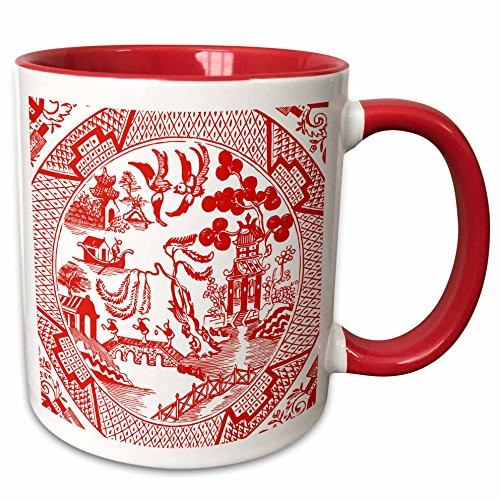 3dRose 262245_5 Willow Pattern Detail White, Red Mug, 11 oz