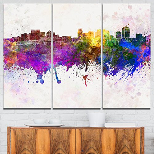 Designart MT6612-3P Salt Lake City Skyline - Cityscape Glossy Metal Wall Art,Purple/Yellow/Red/Pink,36x28