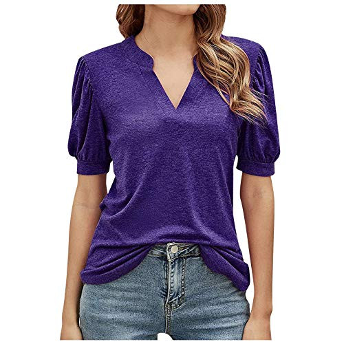 Sunhusing Women Casual V-Neck T-Shirts Loose Puff Short-Sleeve Tops Tunic Blouse Plus Size Solid Beach Pullover Shirts Purple
