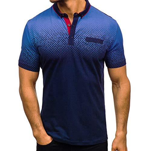 Polo Shirt for Men- F_Gotal Men's T-Shirts Fashion Summer Short Sleeve Gradient Color Buttons Slim Fit Tees Blouse Tops Blue