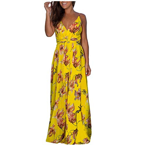 Women Floral Sexy Maxi Dresses Backless Evening Party Beach Long Dress Wedding Summer Casual Boho Sundress -S- Yellow-
