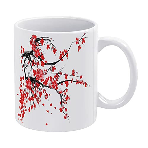Coffee Mug- Japanese Cherry Blossom Sakura Blooms Branch Spring Inspirations Print Funny Coffee Mugs Ceramic White Cup 15oz- Fun Novelty Cup for Men- Women