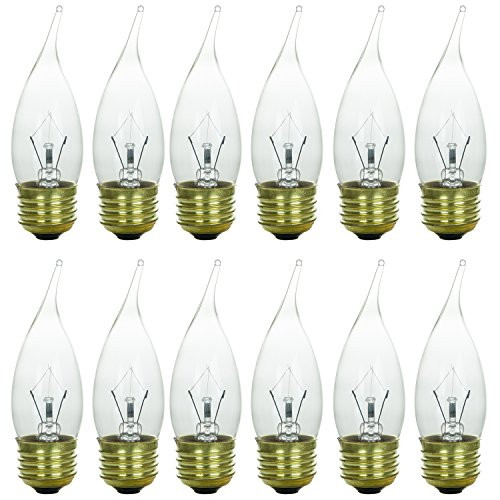 Sunlite 25EFC/32/12PK Medium (E26) Base Flame Tip 25W Incandescent Chandelier Crystal Clear Bulb (12 Pack)