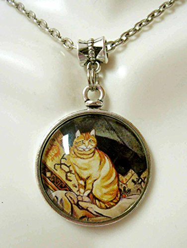 Orange cat drawing pendant and chain - CAP05-028