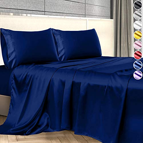 Satin Sheets Full Size Bed -4 Pieces- 8 Colors-- Silky Satin Sheet Set -Satin Bed Set with 2 Pillowcase- Satin Fitted Sheet - Blue Satin Sheets- Satin Bed Sheets Full- Satin Bedding Set