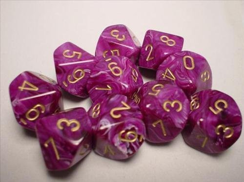 Chessex Dice Sets: Vortex Purple with Gold - Ten Sided Die d10 Set (10)