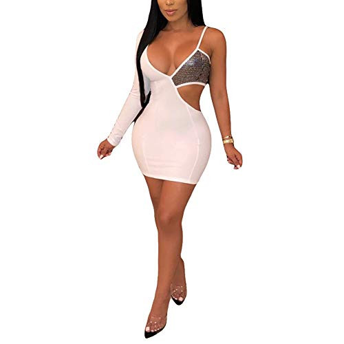 Kumono Womens Sexy One Shoulder White Long Sleeve Deep V Neck Backless Mini Clubwear Bodycon Dress