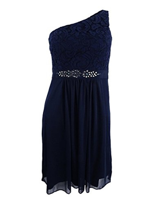 Adreanna Papell Women's One Shoulder Embellished Lace Mini Dress Navy Size 2