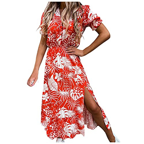 FNJJLU Women Dresses Summer V Neck Maxi Dress Short Sleeve Floral Print Sundress with Buttons Orange FNJJLU Women Dresses Summer V Neck Maxi Dress Short Sleeve Floral Print Sundress with Buttons Orange