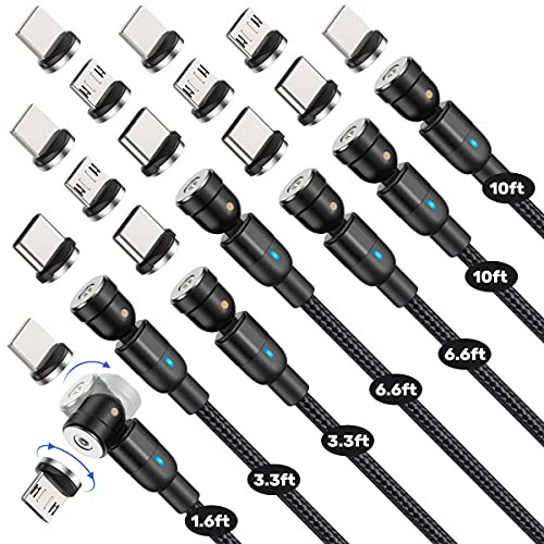 A.S Magnetic Charging Cable-7-Pack- 1.6ft/3.3ft/3.3ft/6.6ft/6.6ft/10ft/10ft-- 360  and  180 Rotation Magnetic Phone Charger- 3 in 1 Magnetic USB Cable Compatible with Micro USB- Type C - Black
