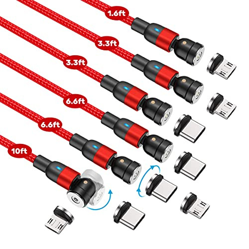 Melonboy Magnetic Charging Cable -6-Pack- 1.6ft/3.3ft/3.3ft/6.6ft/6.6ft/10ft-- 360  and  180 Rotation Magnetic Phone Charger- 3 in 1 Magnetic Cable Compatible with Micro USB- Type C - Red