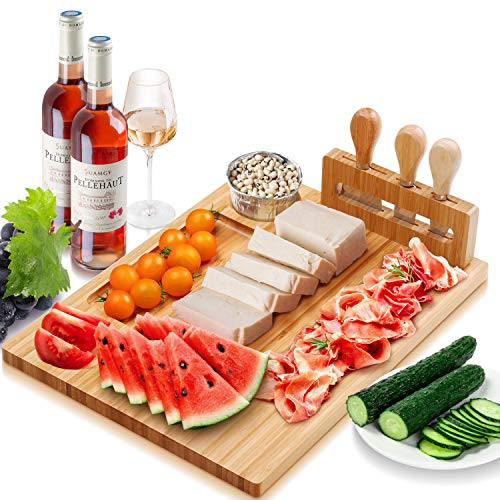 Cheese Board with 3 Stainless Steel Knife Charcuterie Boards Bamboo Knife Set Serving Platter for Birthday Housewarming Wedding Gifts Cheese Board with 3 Stainless Steel Knife Charcuterie Boards Bamboo Knife Set Serving Platter for Birthday Housewarming Wedding Gifts
