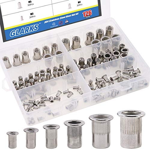 Glarks 126Pcs 304 Stainless Steel M3 M4 M5 M6 M8 M10 Flat Head Threaded Rivetnut Insert Nutsert Rivet Nut Assortment Kit