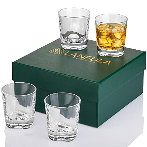Whiskey Glass 8 Ounce- LANFULA Premium Crystal Bourbon Glasses Set of 4 With Gift Box - Heavy Base Lowball Tumbler for Scotch- Whisky or Old Fashioned Cocktail - On The Rocks Glasses