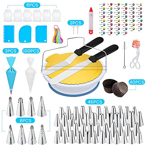 Cake Decorating kit-HOCOSY 221PCs Cake Decorating Supplies with Piping Bags and Tips set-Cake Turntable-Leveler-Icing Spatula Smoother-Scrapers-Cream Flower Nail  and  Lifter