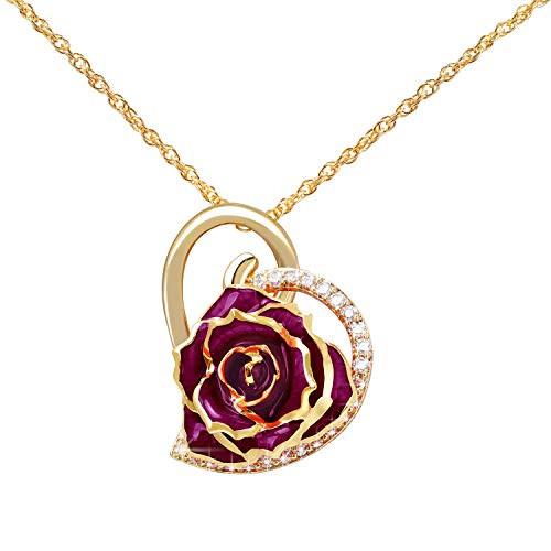 Heart Shaped Rose Necklace 24K Gold Plated Pendant Necklace Jewelry Valentines Day Gifts for Her -Purple- Heart Shaped Rose Necklace 24K Gold Plated Pendant Necklace Jewelry Valentines Day Gifts for Her -Purple-