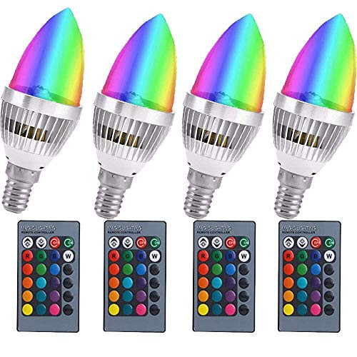 JTao-tec 3W RGB E14 Candelabra LED Bulb Color Changing Candle Light Lamp Remote Control Bulb 16 Colors 4 Modes with Memory Function E12 Candle Base for Home Bar Party KTV Mood Lighting-4 Pack